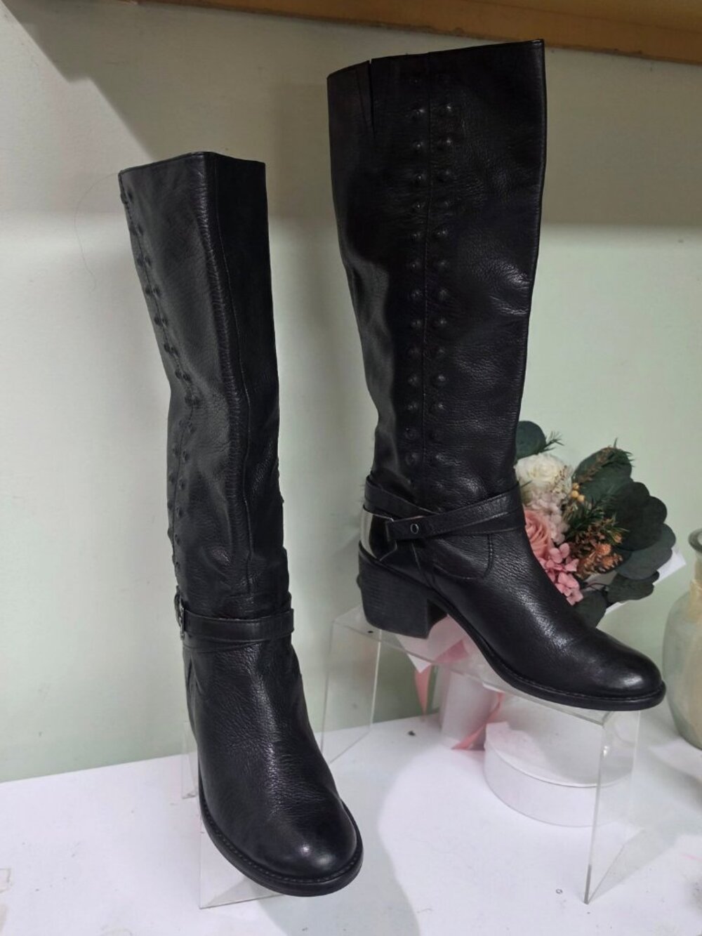 Donald Pliner Black Leather Knee-High Boots with Studded Detail - Picture 4 of 11